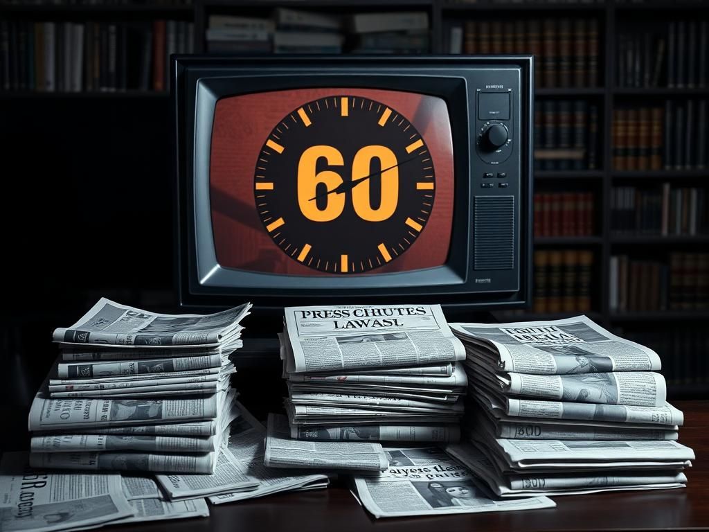 Flick International A somber newsroom scene with a vintage television displaying the '60 Minutes' clock amidst scattered newspapers.