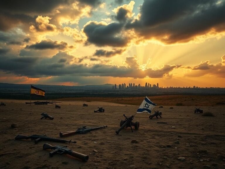 Flick International A dramatic landscape showcasing a battlefield with broken weapons and a vibrant city skyline of Israel under a turbulent sky.