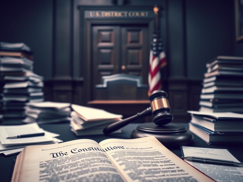 Flick International A courtroom scene with a gavel on a judge's bench and law books representing judicial authority