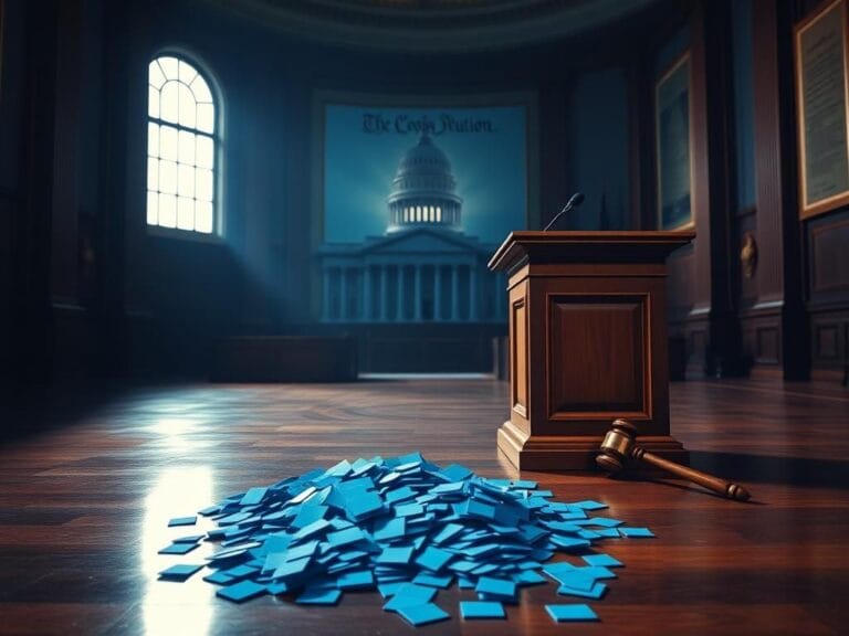 Flick International Dimly lit Senate chamber with an empty wooden podium and scattered blue slips symbolizing judicial appointments