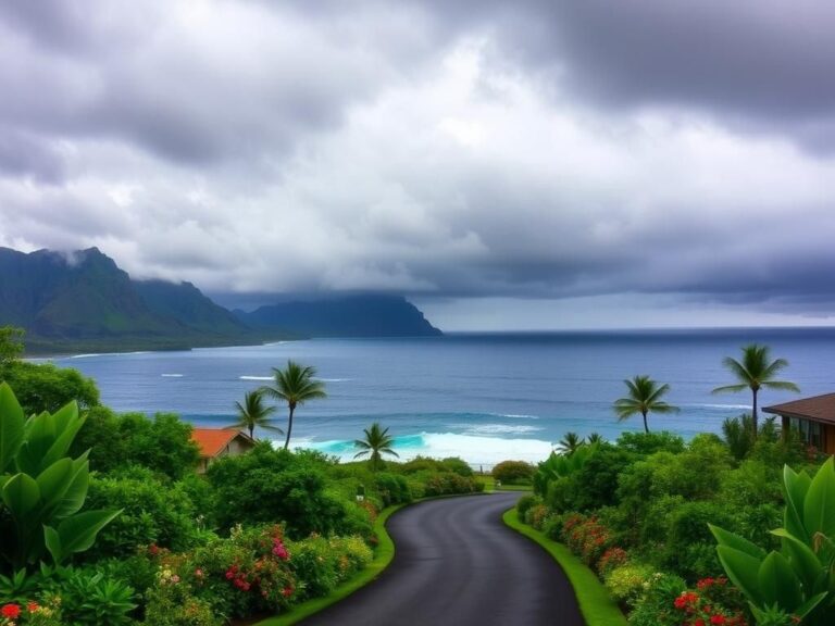 Flick International A lush Maui landscape featuring a winding private road amidst vibrant greenery and ominous storm clouds, symbolizing beauty and natural threats.