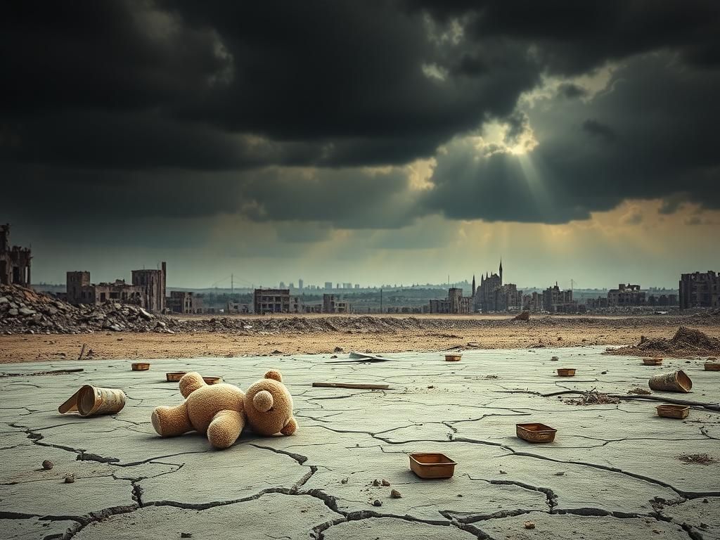 Flick International Barren landscape in Gaza with destroyed buildings and an abandoned teddy bear symbolizing lost childhood