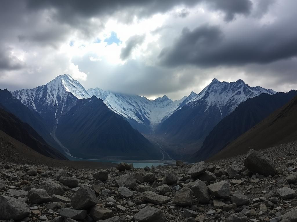 Flick International Panoramic view of the Karakoram mountains with dramatic stormy sky and rocky terrain