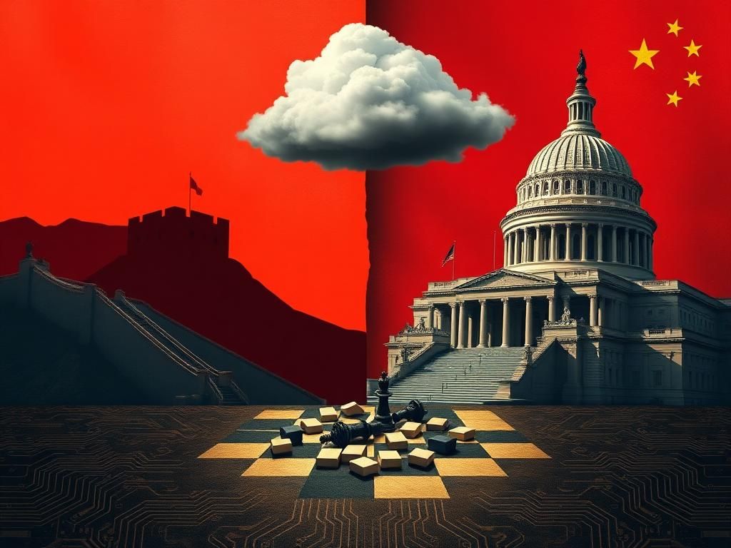 Flick International A silhouette of the Great Wall of China juxtaposed with a crumbling U.S. Capitol building, symbolizing U.S.-China trade tensions.