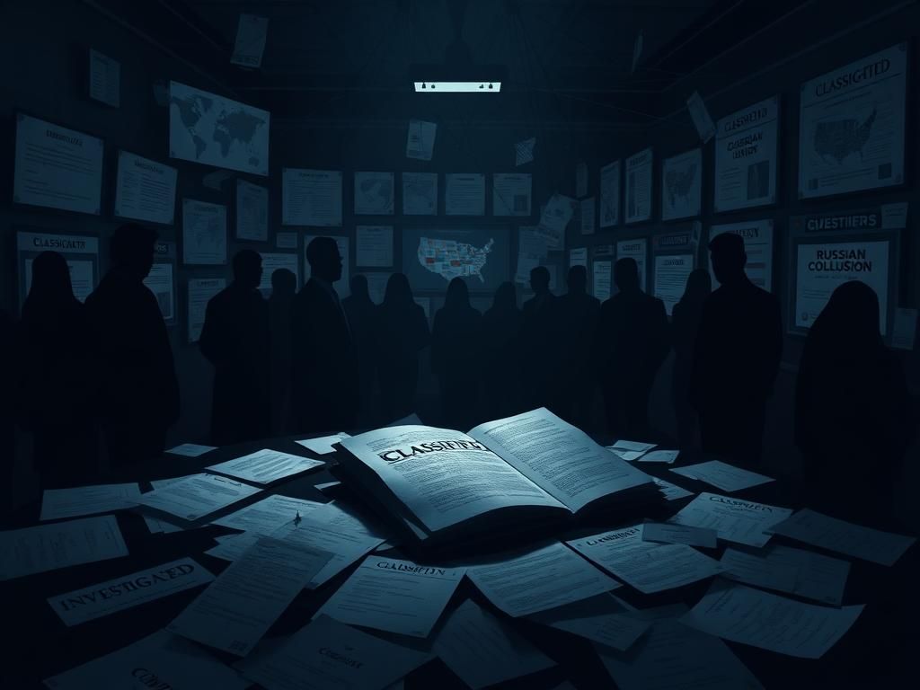 Flick International A dark, ominous room filled with shadowy figures and chaotic documents representing conspiracy and intrigue