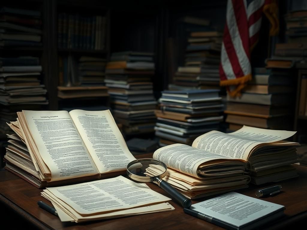 Flick International Dimly lit room filled with aged legal documents and a vintage desk symbolizing justice