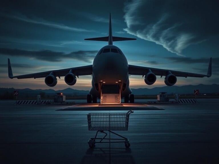 Flick International A dramatic scene of a U.S. Air Force cargo plane at dusk with lowered ramp on the tarmac.