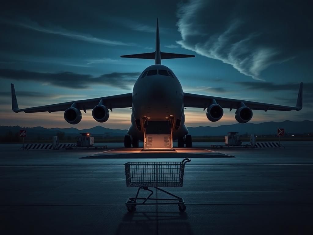 Flick International A dramatic scene of a U.S. Air Force cargo plane at dusk with lowered ramp on the tarmac.