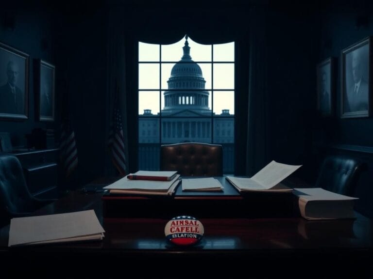 Flick International Dimly lit room showcasing political symbolism with a cluttered desk and a shadowy silhouette of a government building in the background