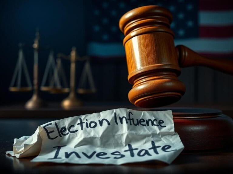 Flick International Dramatic courtroom scene featuring a gavel striking a sound block with crumpled papers labeled 'Election Influence'