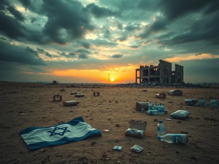 Flick International A broken Israeli flag lies on a desolate landscape symbolizing the Israel-Gaza conflict.