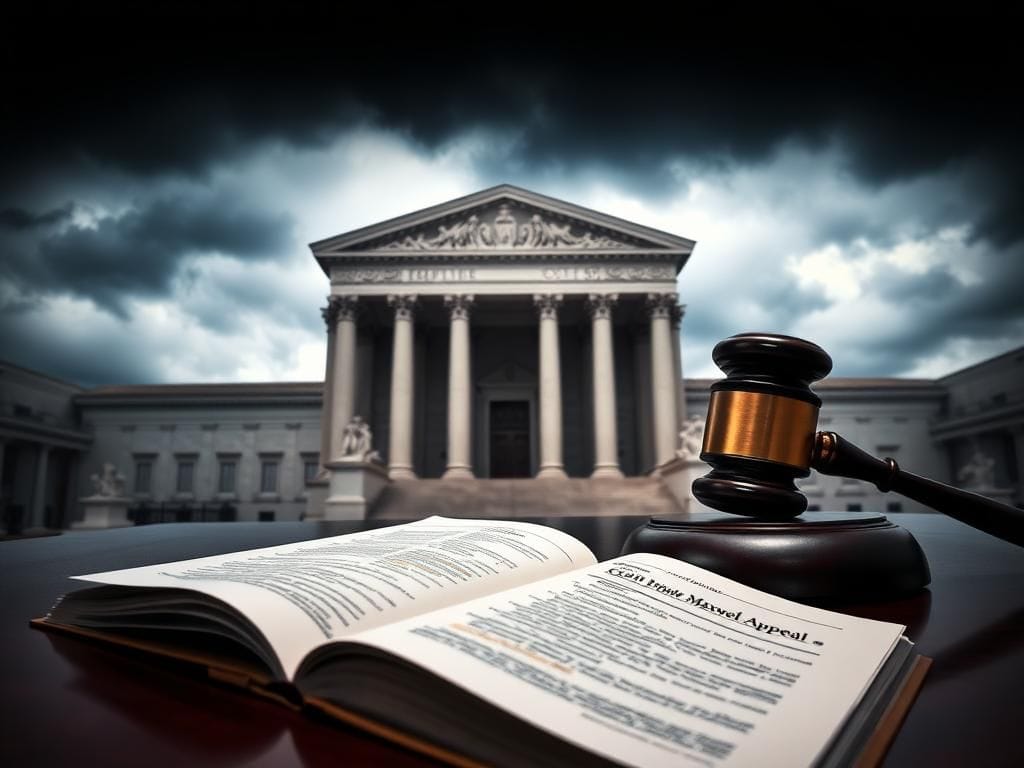 Flick International A somber Supreme Court chamber with marble pillars and a gavel symbolizing justice