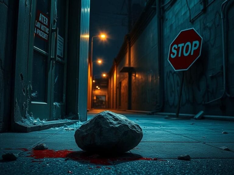 Flick International A scene of urban unrest depicting a shattered glass door and debris from protests