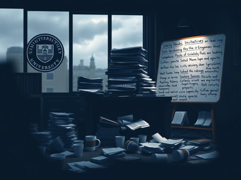 Flick International Darkened university office with documents on DEI bans and strategic plans