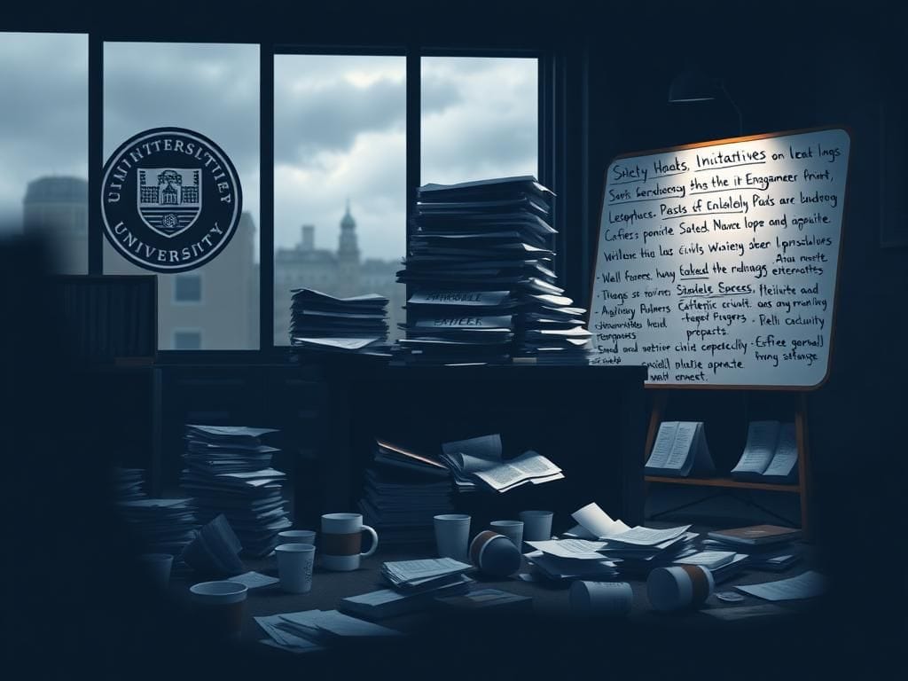 Flick International Darkened university office with documents on DEI bans and strategic plans