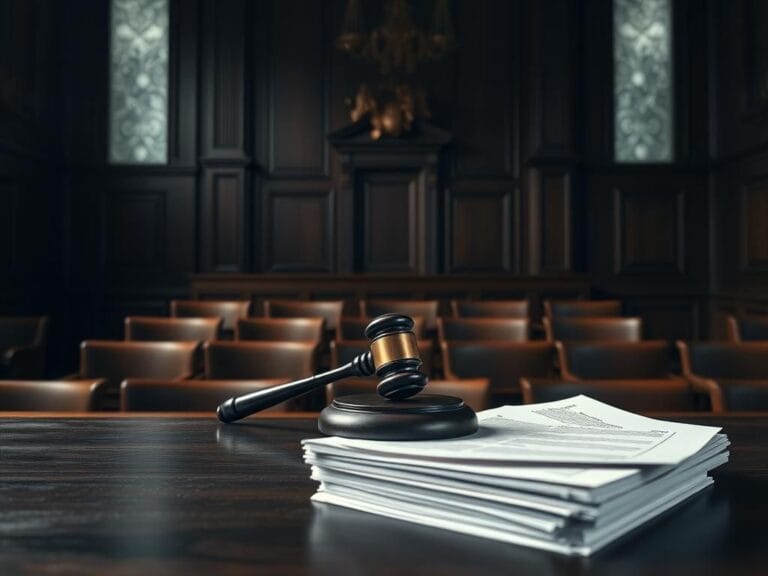 Flick International A somber courtroom scene depicting an empty bench and a gavel symbolizing justice