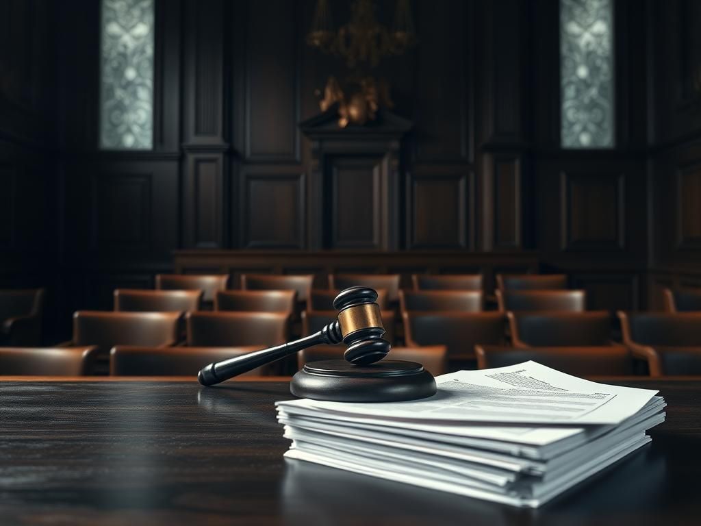 Flick International A somber courtroom scene depicting an empty bench and a gavel symbolizing justice