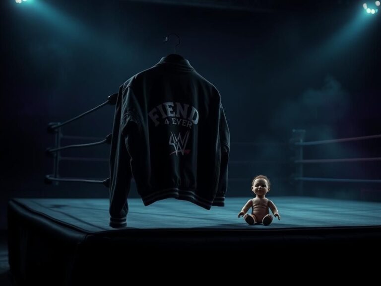 Flick International An empty WWE wrestling ring illuminated by moody lighting with a vintage black jacket and worn doll.
