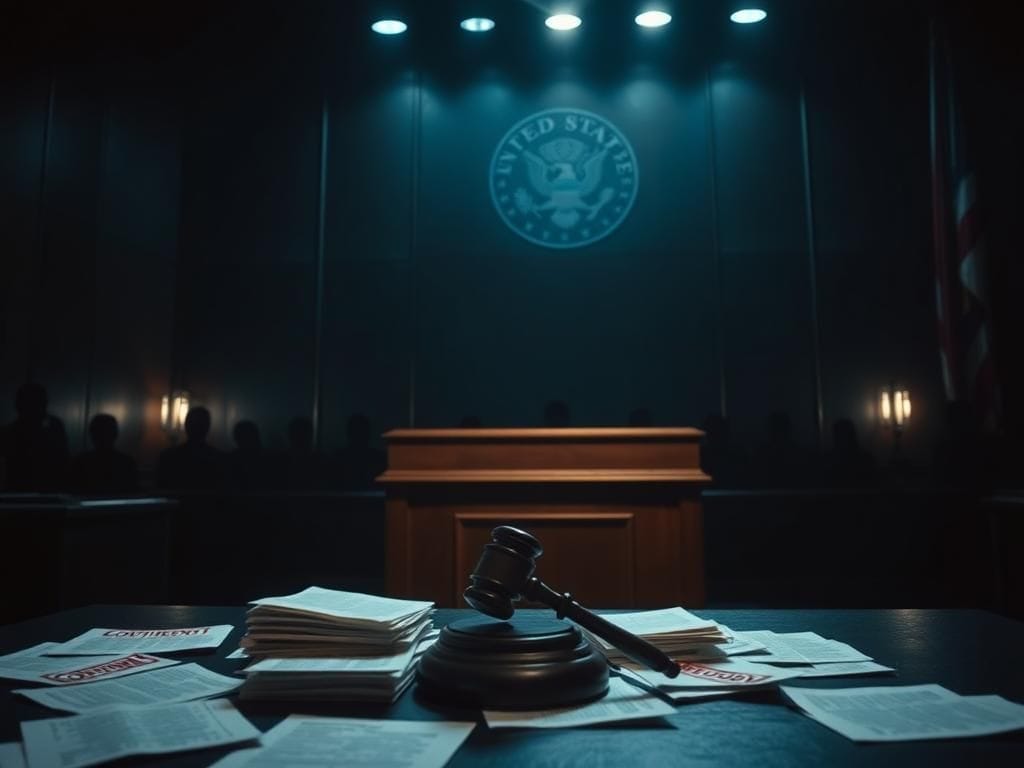 Flick International Dark courtroom scene highlighting themes of treason and political drama