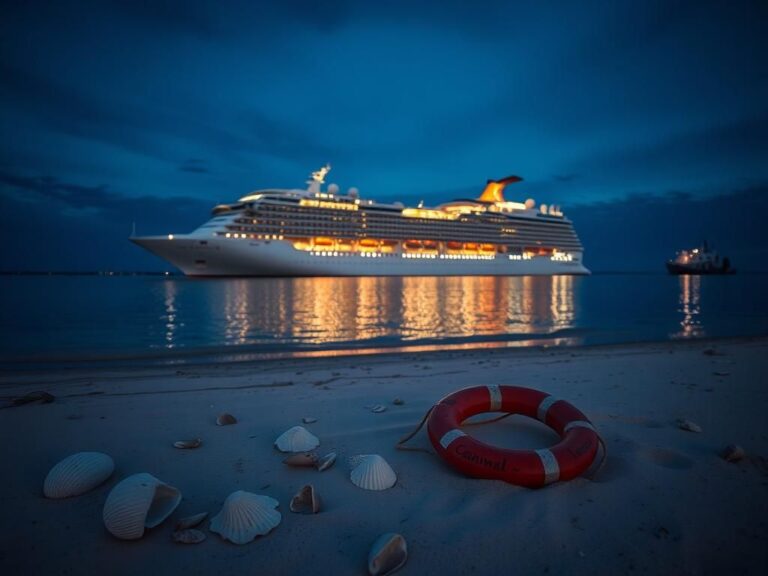 Flick International Carnival Breeze cruise ship anchored at dusk in Galveston Harbor, Texas