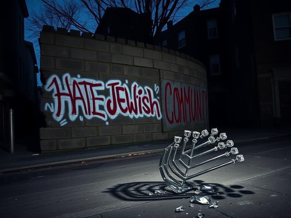 Flick International Dimly lit street featuring a weathered stone wall with anti-Jewish graffiti and a shattered glass menorah on the ground.