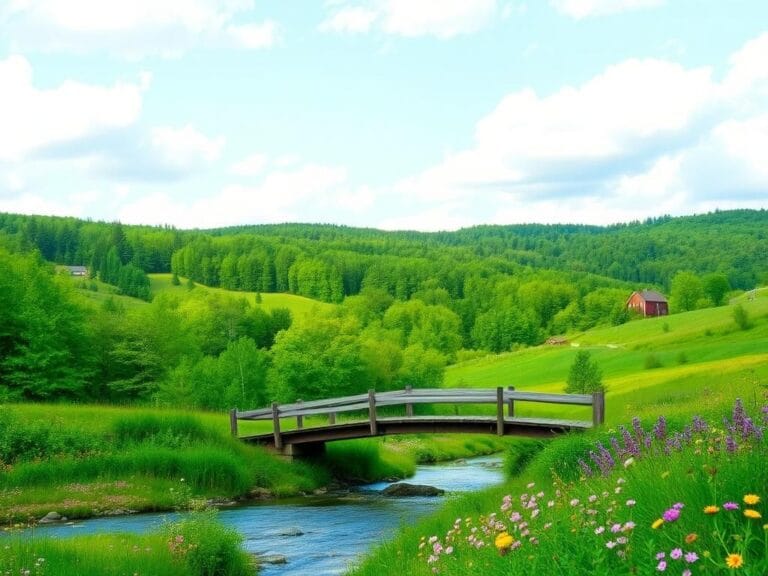 Flick International Romantic landscape in Vermont with a wooden bridge and blooming wildflowers