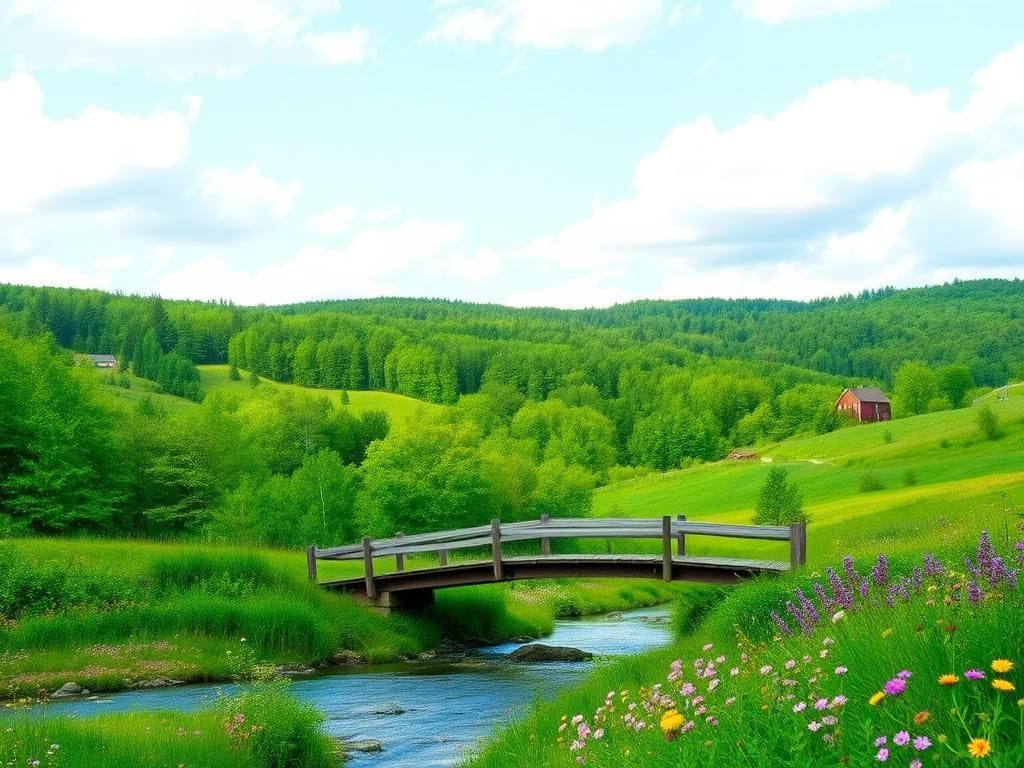 Flick International Romantic landscape in Vermont with a wooden bridge and blooming wildflowers