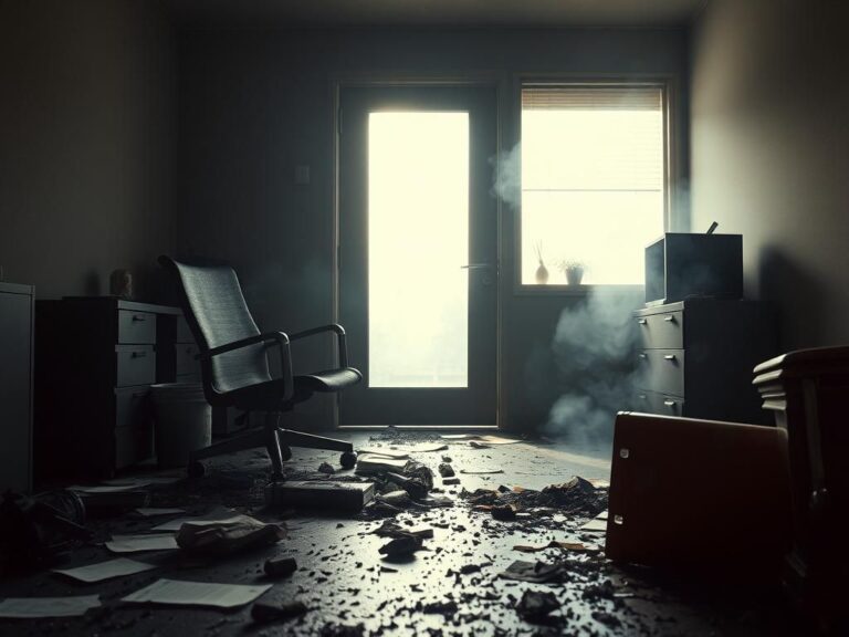 Flick International Charred aftermath of an office attack with an ajar door and burnt materials on the floor