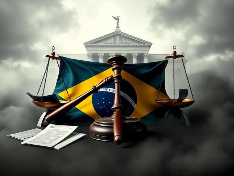 Flick International A gavel resting on a Brazilian flag with scales of justice, symbolizing legal conflict and power dynamics.