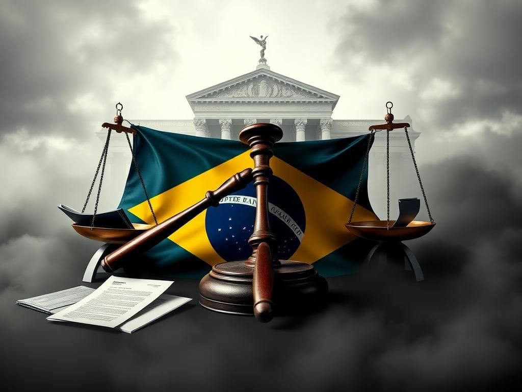 Flick International A gavel resting on a Brazilian flag with scales of justice, symbolizing legal conflict and power dynamics.