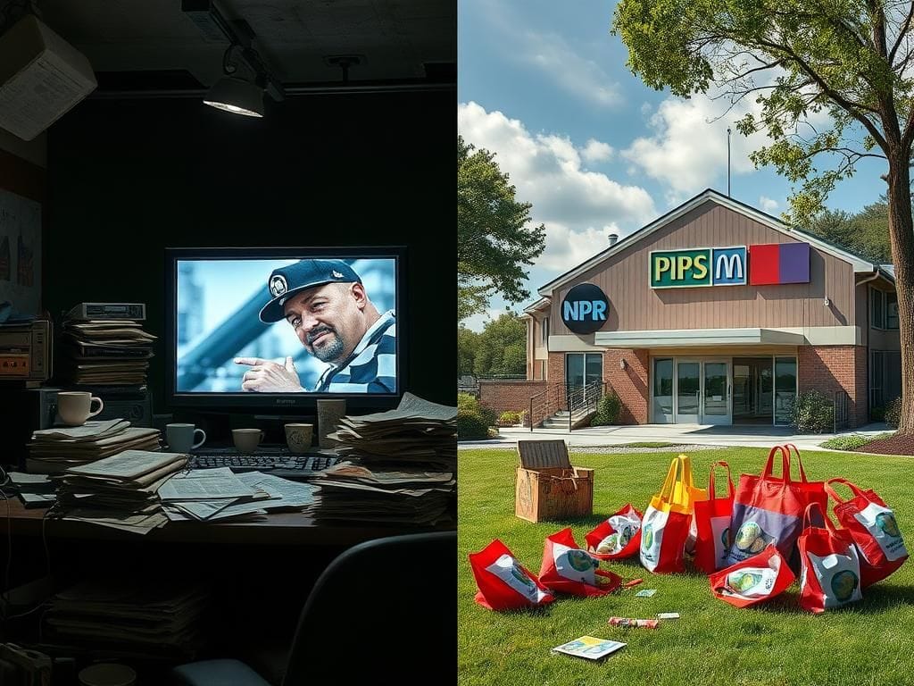 Flick International A split scene contrasting a chaotic broadcast studio with outdated technology and a bright public broadcasting facility representing PBS and NPR.