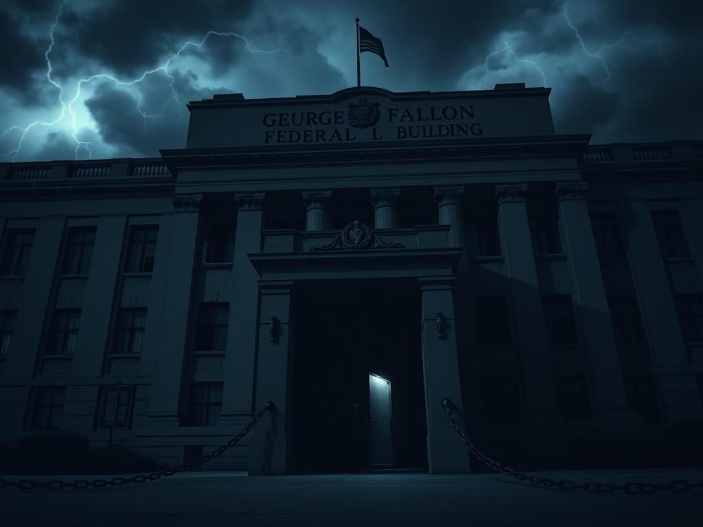 Flick International Exterior view of a federal building symbolizing secrecy and confinement