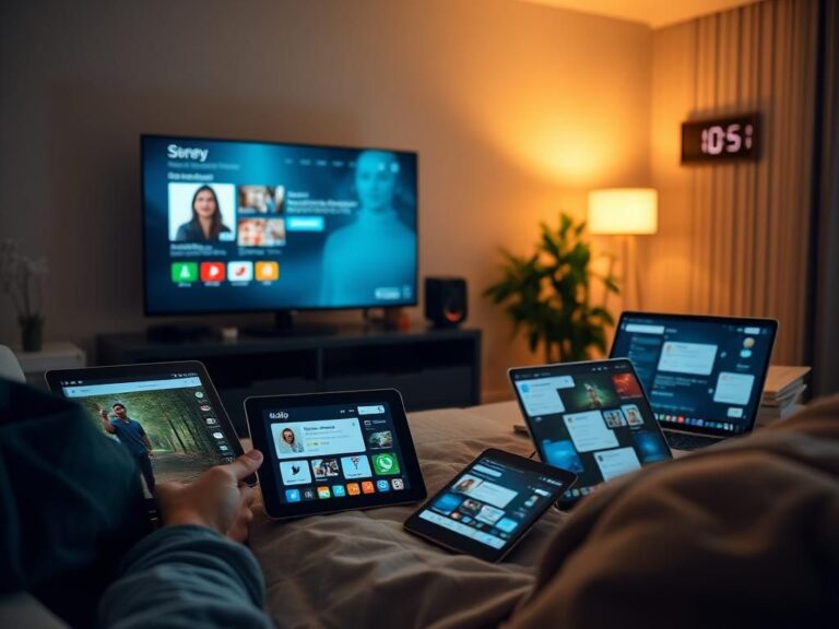 Flick International A modern indoor setting showcasing multiple electronic devices including a flat-screen TV, tablet, and smartphone.