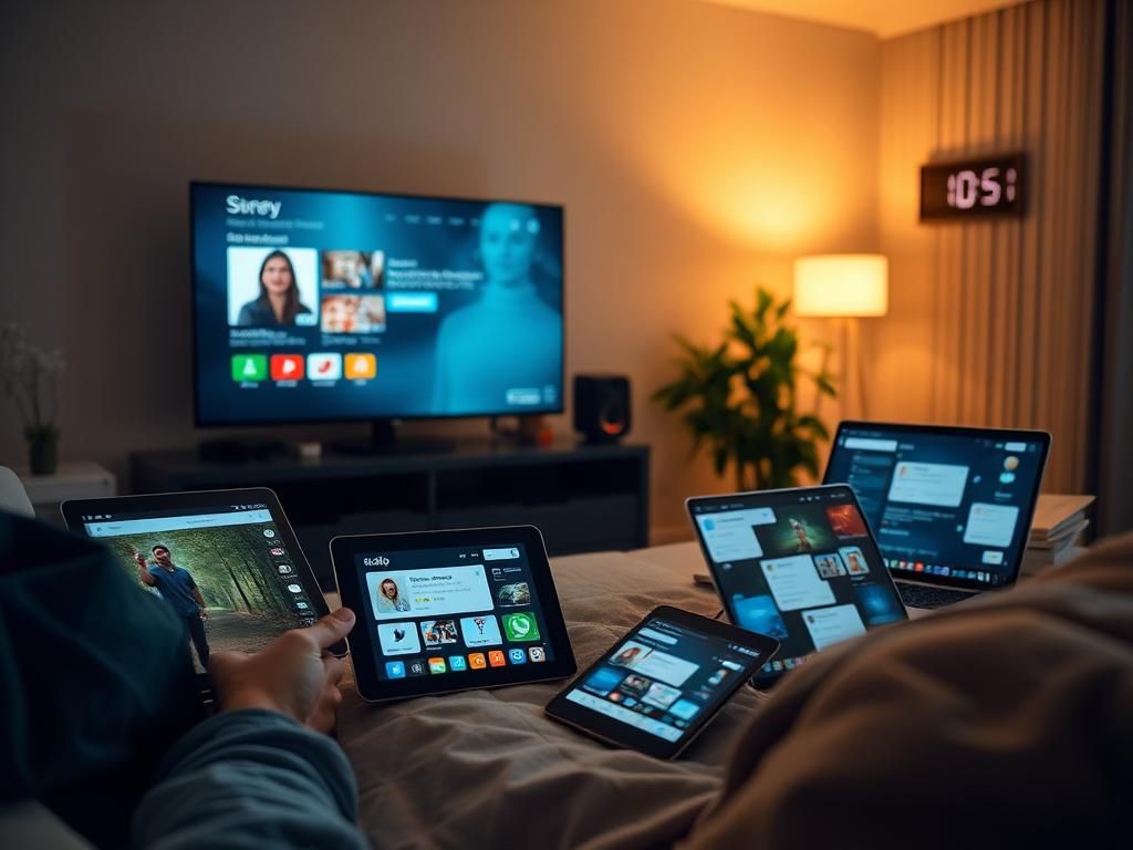 Flick International A modern indoor setting showcasing multiple electronic devices including a flat-screen TV, tablet, and smartphone.