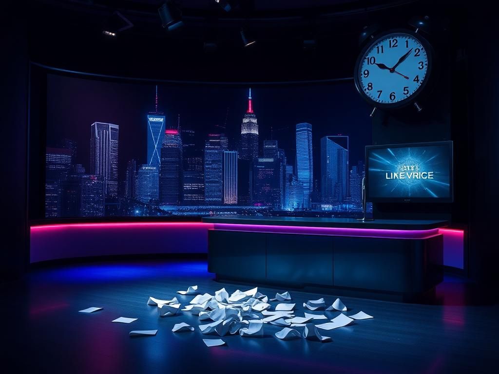 Flick International Dimly lit late-night television studio with empty stage and modern desk