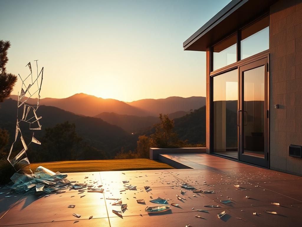 Flick International Shattered glass door of Yoshinobu Yamamoto's Hollywood Hills home after a burglary attempt