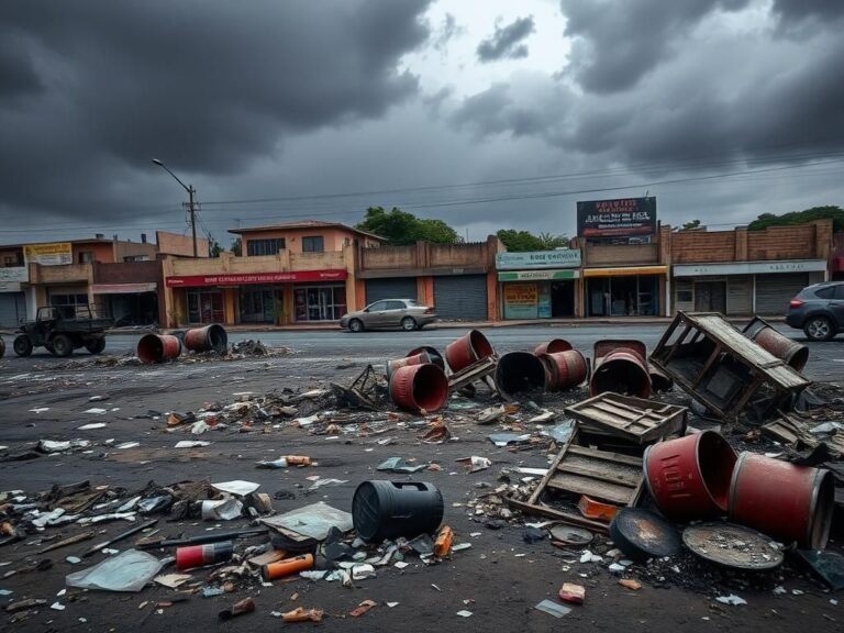 Flick International Aftermath of protests in Luanda, Angola with debris and military presence