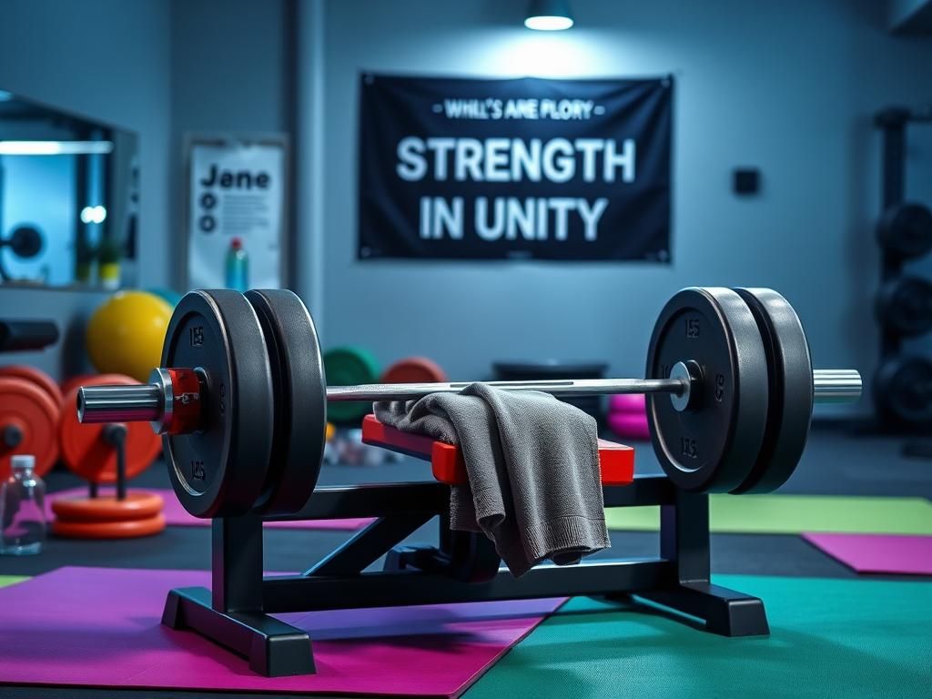 Flick International gym scene featuring a 135-pound bench press setup with weights and colorful mats