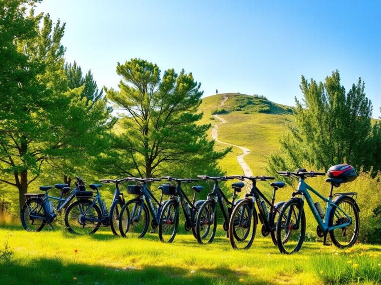 Flick International A scenic outdoor landscape featuring a variety of electric bikes parked along a tree-lined path