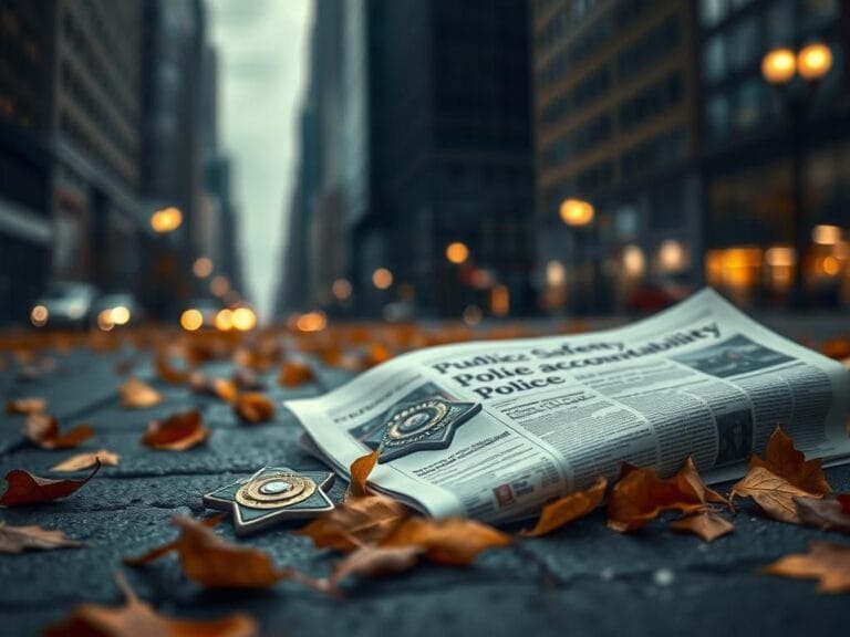 Flick International A police badge resting on the pavement amidst fallen autumn leaves in a somber Manhattan scene