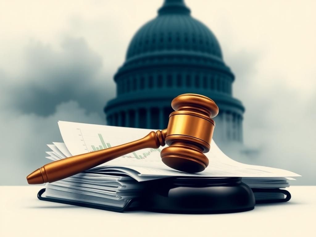 Flick International Stylized gavel on documents with financial graphs symbolizing Congressional stock trading legislation