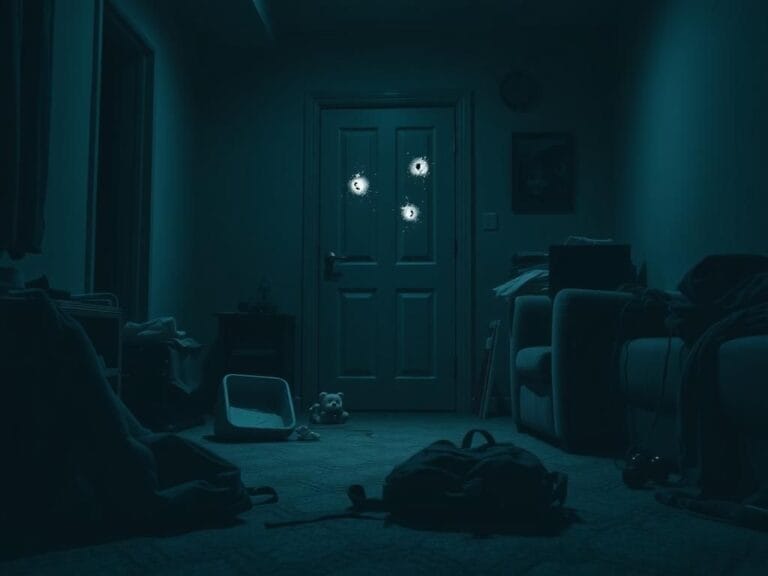 Flick International Interior of a family apartment after violent confrontation, showcasing overturned furniture and closed door with bullet holes.