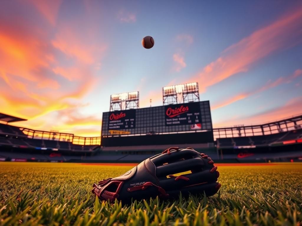 Flick International Cedric Mullins catching a soaring baseball near the center field wall during a dramatic MLB game at dusk.