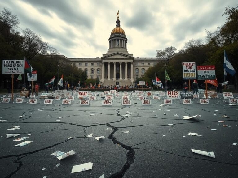 Flick International Urban protest area at Columbia University with discarded signs and flags