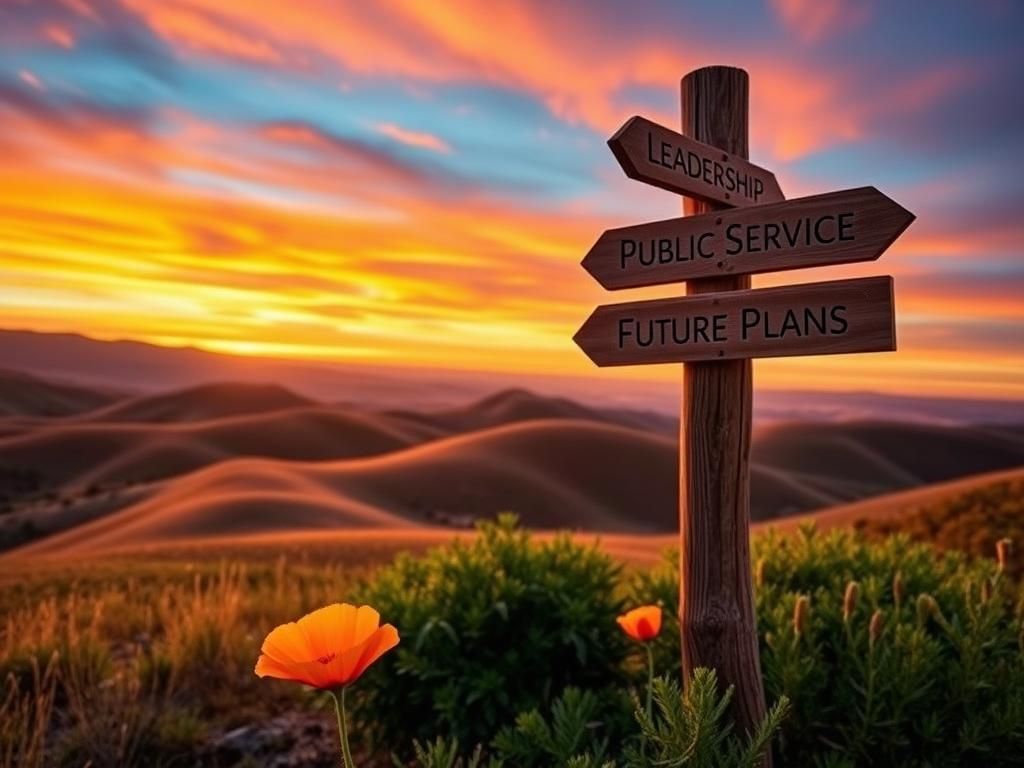 Flick International Serene landscape of California's rolling hills at sunset with a wooden signpost symbolizing political pathways
