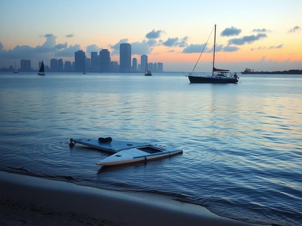 Flick International A capsized sailboat partially submerged in Miami's Biscayne Bay at dusk