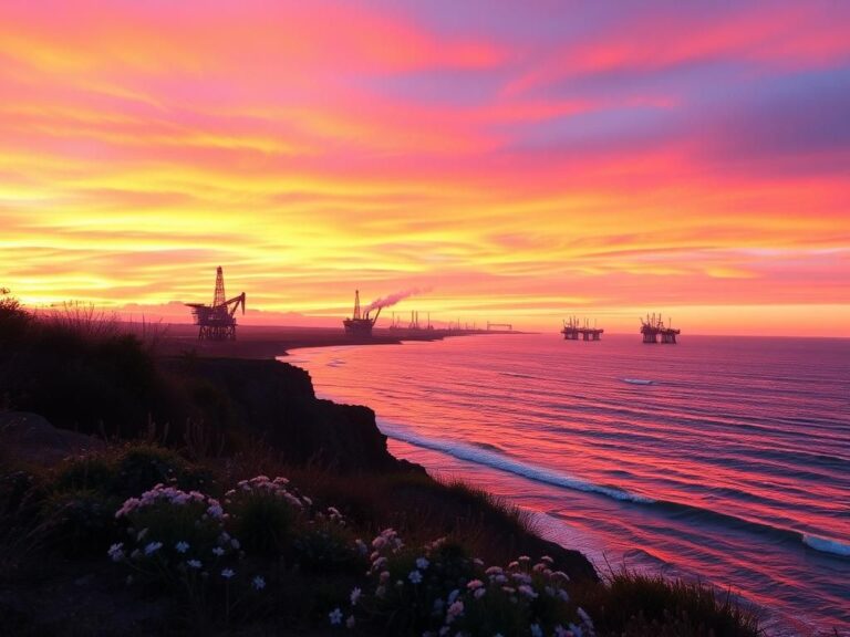 Flick International A sweeping view of the California coastline at sunset with offshore oil rigs in the background