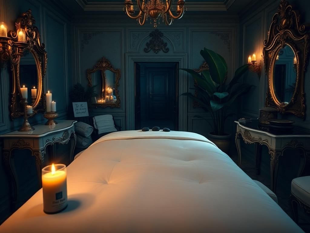 Flick International Luxurious spa setting with plush massage table and ornate decor