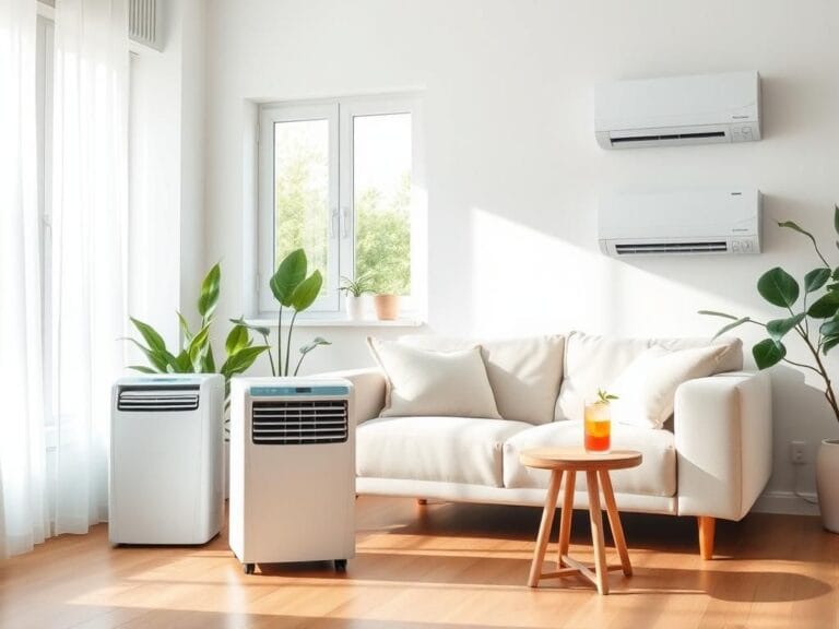 Flick International Modern living room showcasing various air conditioning units including portable, window, and smart models