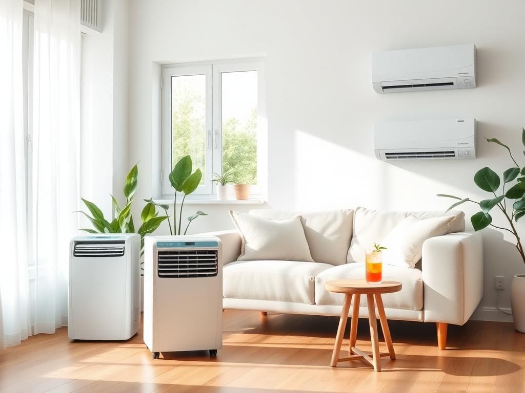 Flick International Modern living room showcasing various air conditioning units including portable, window, and smart models